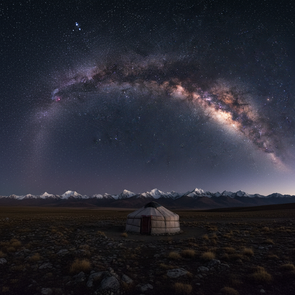 Blazing Milky Way galaxy over the vast Tibetan Plateau with snow-capped mountains on the horizon and a nomadic yurt silhouetted in the foreground