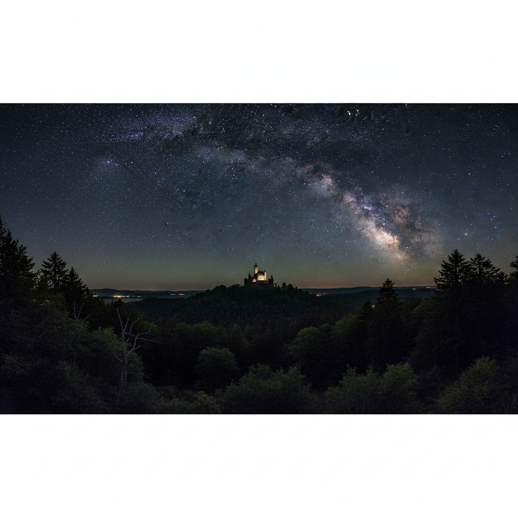 Milky Way arching over dark ancient German forest landscape with a medieval castle silhouette on a hilltop under a deep indigo starry sky