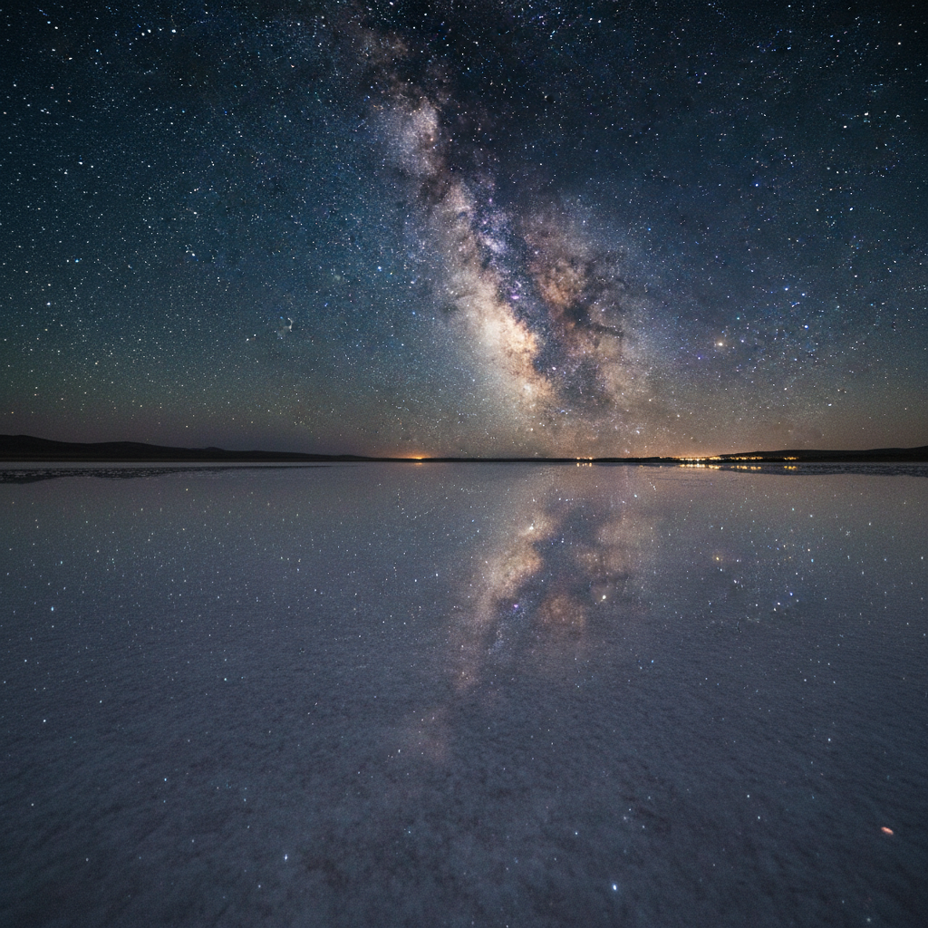 Chaka Salt Lake in Qinghai, China — mirror-perfect salt flat reflecting the Milky Way creating a surreal double-sky image