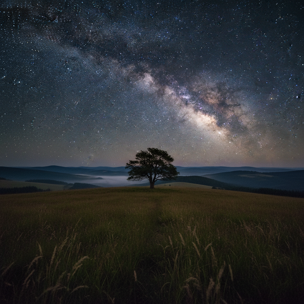 Rhön highland meadow at night in Germany under a brilliant Milky Way sky with a lone tree silhouette on the hilltop