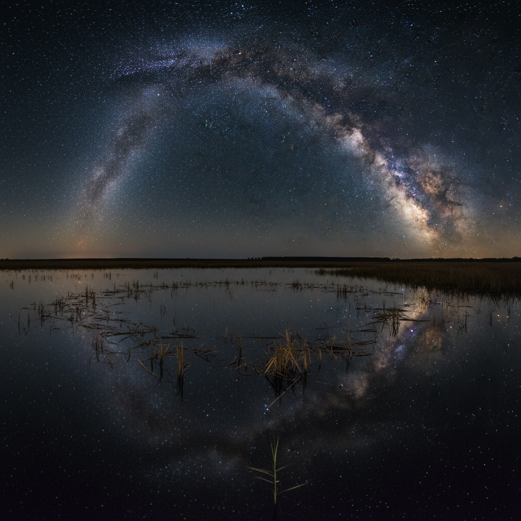 Flat Brandenburg wetland in Westhavelland at night with the Milky Way arching overhead and reflected in still water