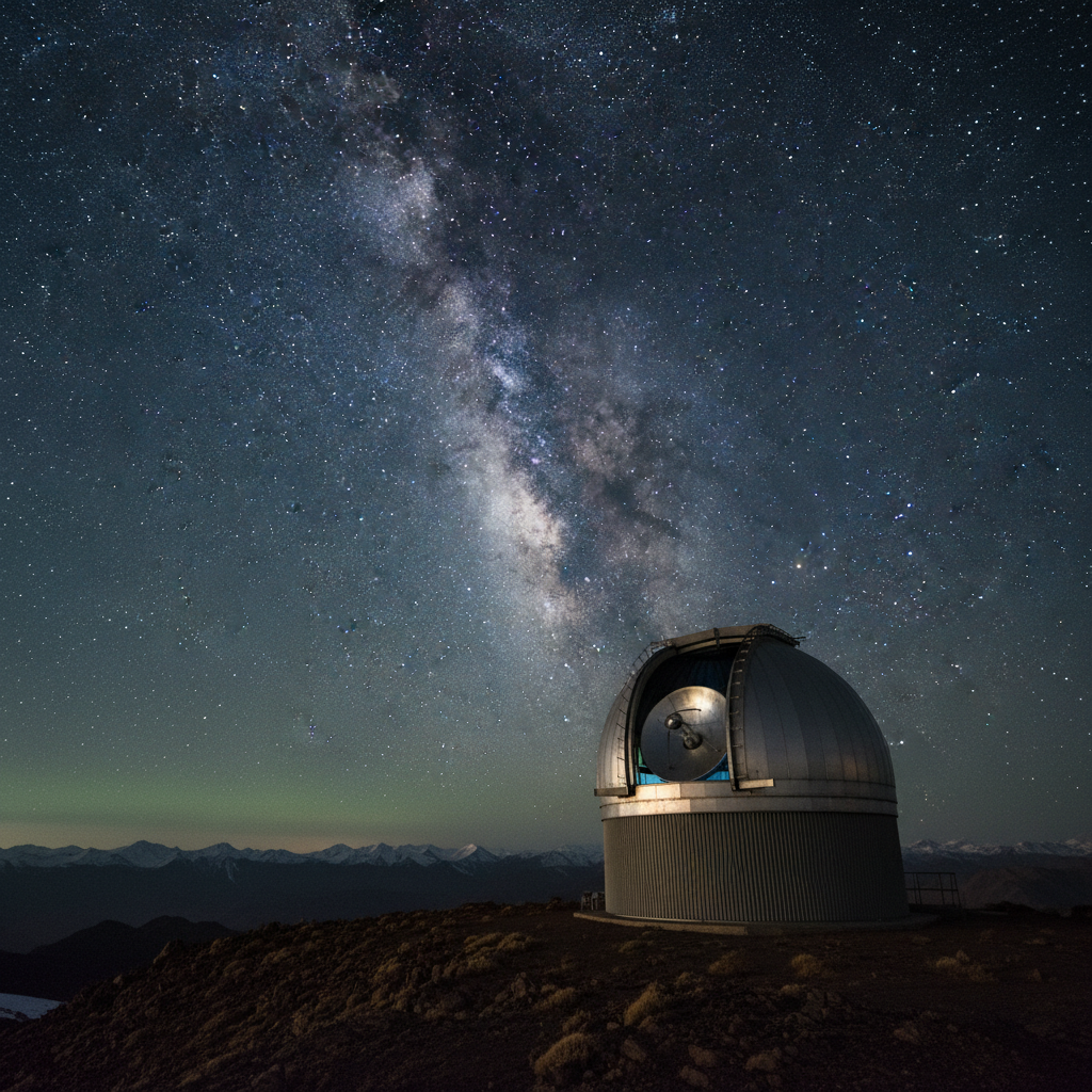 Astronomical observatory dome silhouetted against a brilliant star-filled night sky at Hanle, Ladakh
