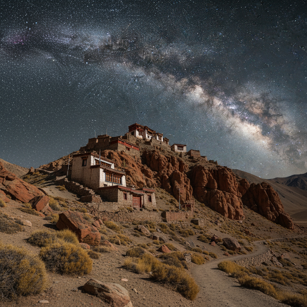 Ancient Buddhist monastery on an eroded rocky hillside in Spiti Valley under a brilliant Milky Way sky