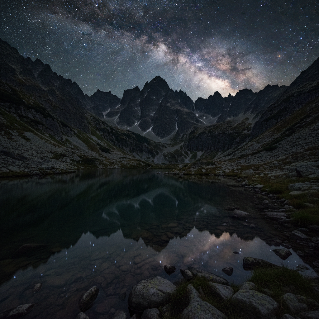Jagged Tatra Mountain granite peaks silhouetted against a brilliant Milky Way sky with an alpine lake reflecting the stars