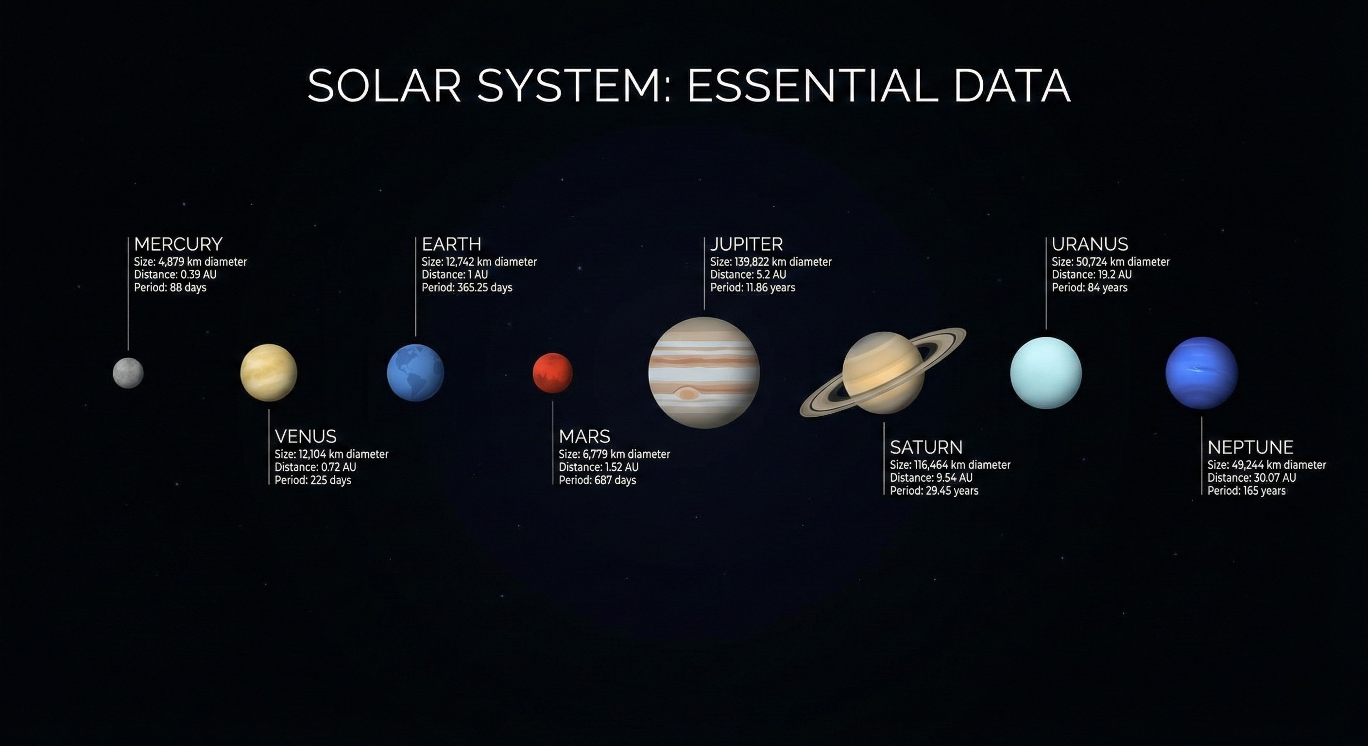 Solar System infographic showing planets, distances, and key facts
